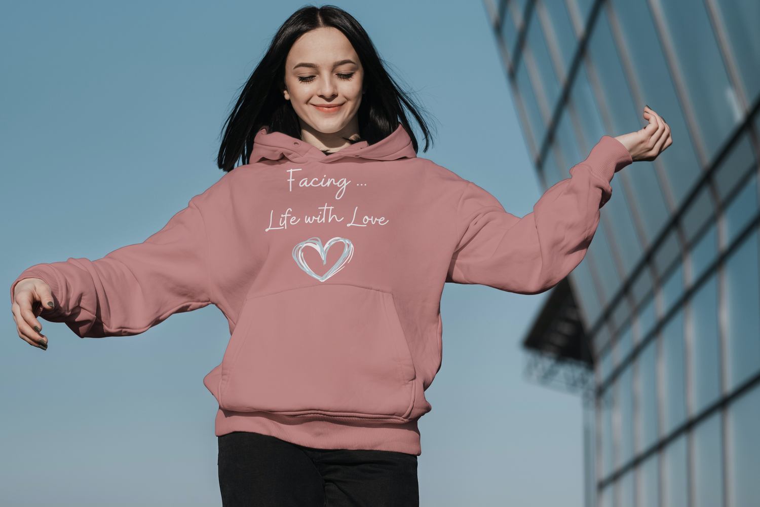 Facing "Life with Love" hoodie, positive apparel, front